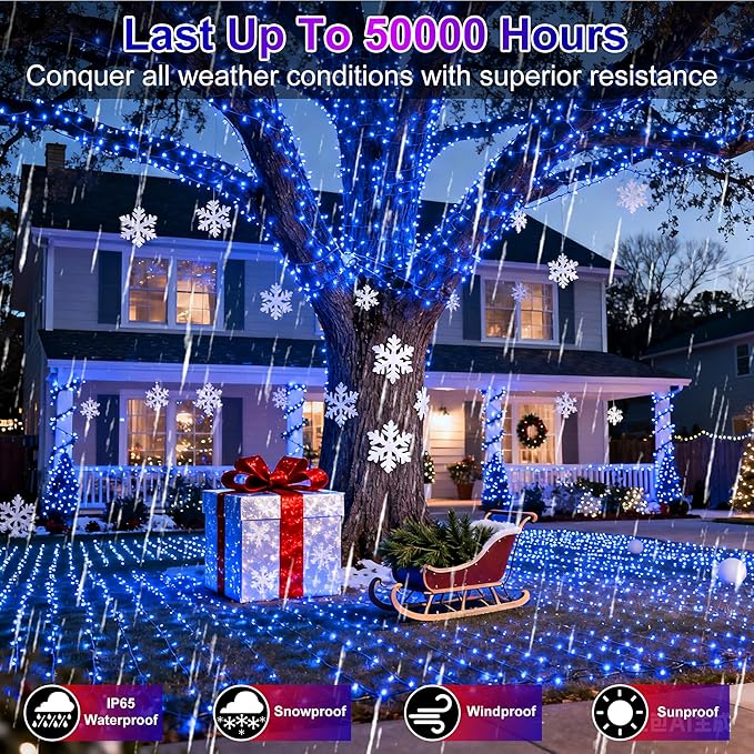 750 LED 256ft Outdoor Christmas Lights, Super Long String Lights 8 Modes Timer Memory, Outsite Waterproof Dark Green Wire Fairy Light Strings for Xmas Tree Wedding Holiday Party Decorations Blue