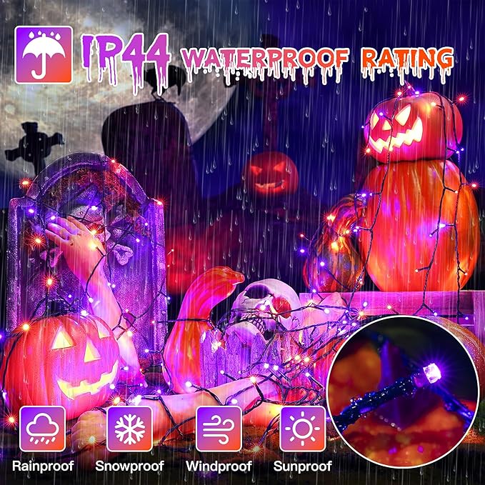 33FT 100 LED Halloween Lights, Orange + Purple Halloween Lights Outdoor with 8 Lighting Modes, Waterproof String Lights for Halloween Christmas Outdoor Party Yard Garden Decoration