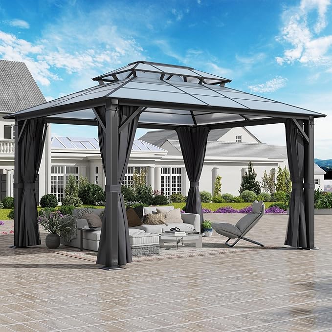 COVERONICS 12FT x 14FT Patio Polycarbonate Hardtop Gazebo with Steel Frame - Outdoor Translucent Double Roof Gazebo with Netting & Curtains for Lawn, Garden, Backyard, Poolside
