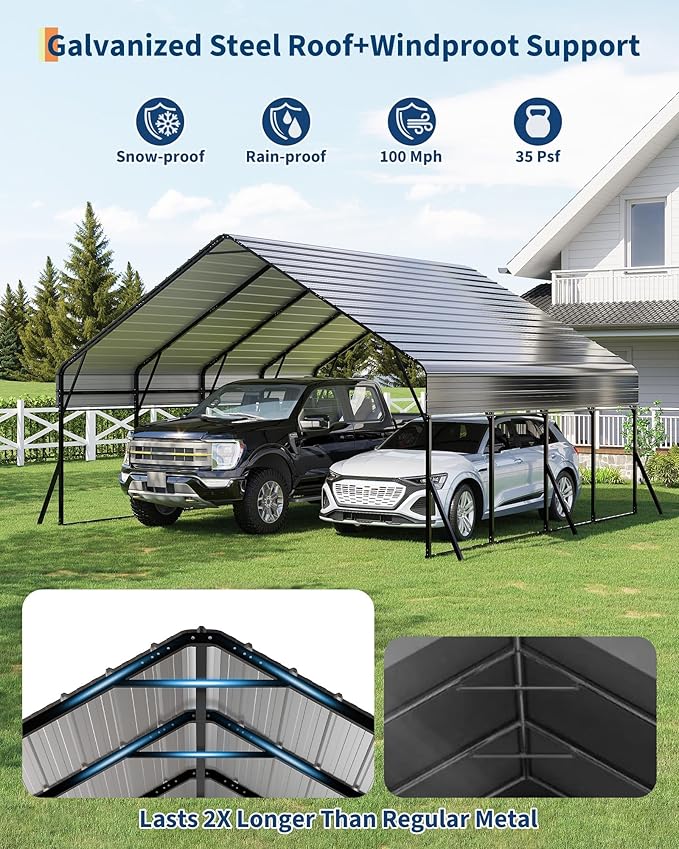 20'x20' Heavy Duty Car Ports Kit for Trucks, Boats, RV, Tractor, Reinforced Frame with Anchors, Easy Assembly