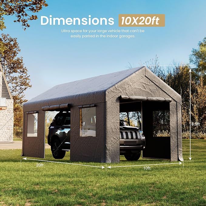 10x20ft Heavy Duty Carport, Reinforced Frame, Weatherproof Canopy with Roll-up Ventilated Windows & Sidewalls, Easy Assembly Portable Car Shelter for Garage/Storage/Party