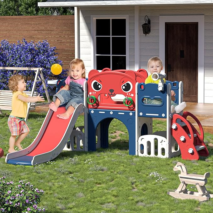 9-in-1 Toddler Slide and Climber Playset Freestanding Indoor Outdoor Kids Slide for Age 1-8, Backyard Playground with Basketball Hoop,Telescope,Storage Space