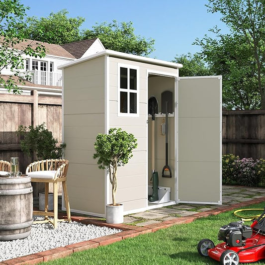 UDPATIO Outdoor Storage Shed 5x3 FT, Plastic Garden Shed for Bike, Garbage Can, Tool, Outside Sheds & Outdoor Resin Shed with Lockable Door for Backyard, Patio, Lawn, Sandstone
