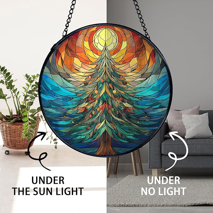 TNUW Christmas Tree Stained Glass Window Hanging, Rustic Winter Christmas Tree Sun Catchers Indoor Window Glass Round Wall Art Decor, Xmas Wall Hanging Decorations, 7.9＂x7.9＂