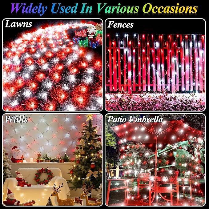 Christmas Net Lights Red & White, 14.8ft x 5ft 300LED Mesh Lights Outdoor Green Wire 8 Modes Timer, Waterproof Connectable String Lights for Bushes Xmas Tree Garden Holiday Party Decor