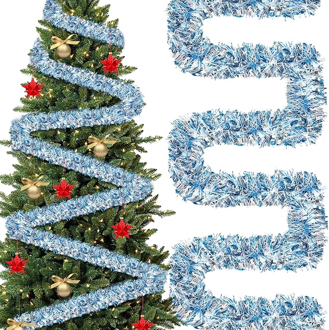 177 Feet Christmas Tinsel Garland Metallic Shiny Hanging Christmas Tree Tinsel Garland Ornaments for Indoor Outdoor Party Wedding Holiday(Blue White Silver)