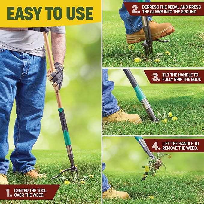 Papa's Tools Weed Puller Tool, 44 Stand Up Weeder Garden Tools & 4 Claw Steel Head, Dual Weed Eject Tech. Made with Real Bamboo & Long Wooden Handle, Yard Weeding Remover for Gardening Men & Women