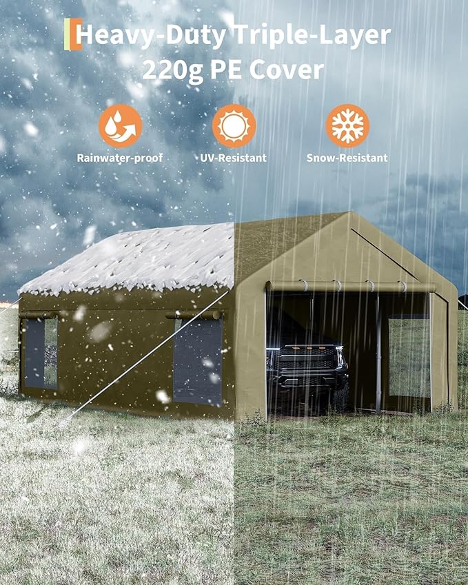 13X25 FT Portable Carport Garage with Roll-Up Windows & Doors, Heavy-Duty 200g PE Tarp, Waterproof & UV Protected Outdoor Shelter for Car, Boat, Truck, Motorcycle