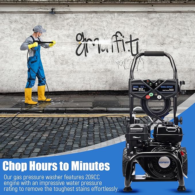 3500 PSI Gas Pressure Washer, 2.3 GPM ? Heavy Duty High Power with 209CC 7HP Engine, 25Ft Pressure Hose, Axial Aluminum Pump, Soap Tank, 4 Quick Connect Nozzles (Black)