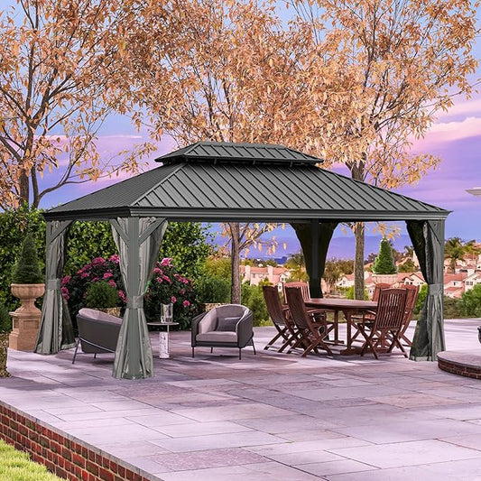 Domi 12x16FT Outdoor Gazebo, Hardtop Gazebo with Galvanized Steel Double Roof, Metal Gazebos with Drainage System Patio Pergola for Patio Deck Backyard,Curtain and Netting,Gray