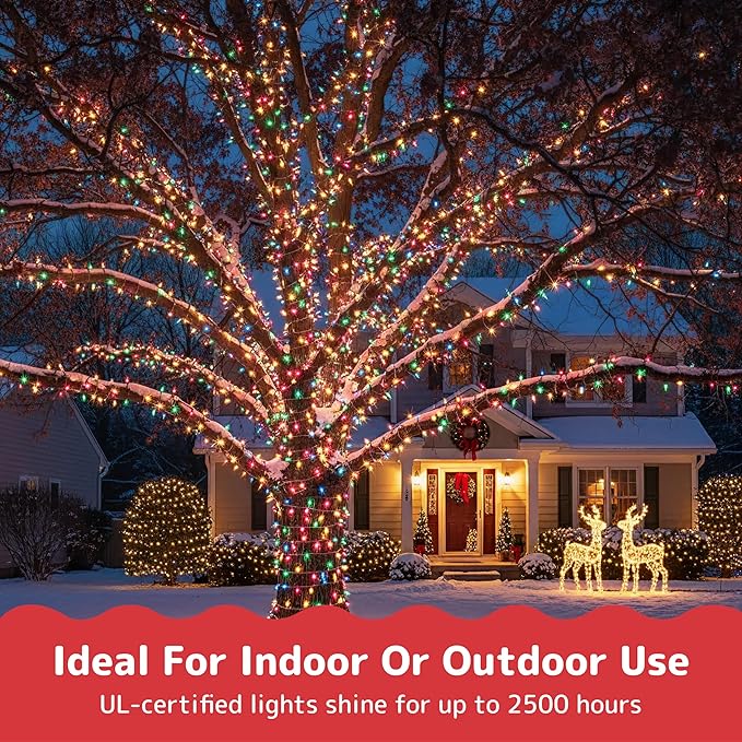 PREXTEX Multi Colored Christmas Tree Light String - Twinkle 200 Lights Mixed Color with Green Wire - 40 ft Outdoor Mardi Gras Lights for Holiday and Indoor Decorations