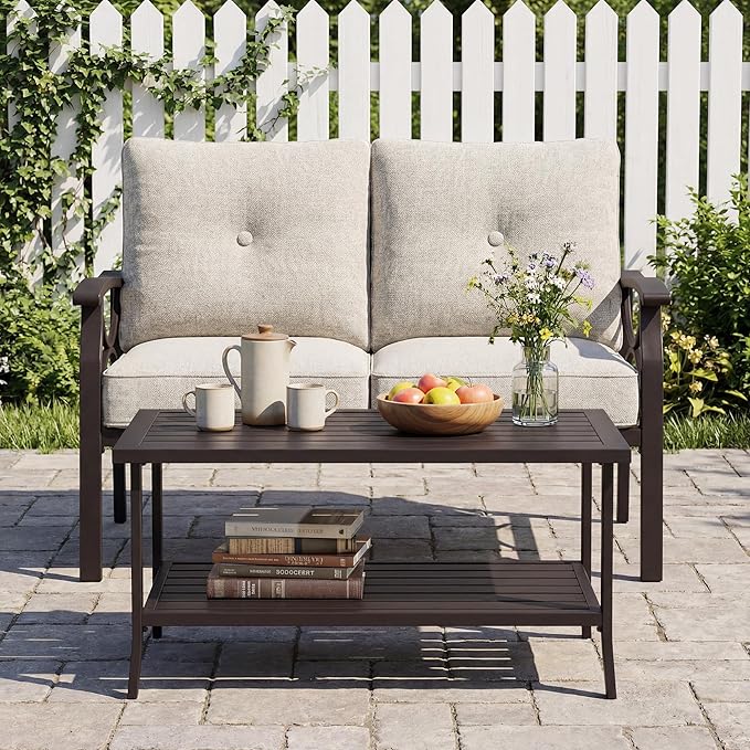 2-Pieces Outdoor Patio Furniture Set, Outdoor Metal Sectional Furniture with Cushions, Outdoor Conversation Set with Coffee Table for Deck, Backyard, Garden, Balcony, Khaki