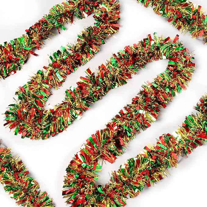 50FT Red Green Gold Christmas Tinsel Metallic Twist Shiny Garland for Christmas Tree Decorations, Xmas Holiday Hanging for Home Mantle Stair Indoor Outdoor Party Supplies Decor