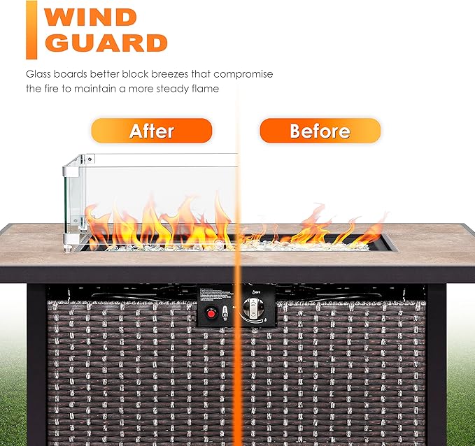 Nuu Garden Outdoor 43 50,000 BTU Propane Gas Fire Pit Table, Ceramic Tabletop and Rattan Weaved Iron Frame, Water-Proof Oxford Cover, Glass Wind Guard, Glass Beads, Lid Included, Dark Brown & Coffee