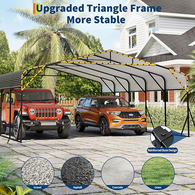 GAOMON Metal Carport, Carport with Reinforced Base and Galvanized Steel Roof, Heavy Duty Garage Car Shelter Shade, Outdoor Car Port Canopy for SUV, Truck, Boats, 20x25 FT