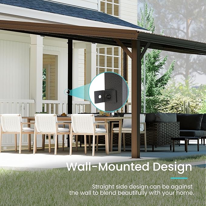 Domi 12' x 20' Lean to Gazebo, Wall Mounted Gazebos Pergola with Built in Drainage System, Galvanized Steel Roof, Hardtop Patio Shelter for Deck, Porch, Backyard and More,Brown