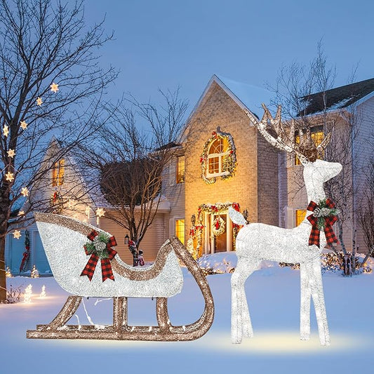 Outdoor Lighted Reindeer with Sleigh Christmas Decors, 3D Deer & Santa Sleigh Holiday Yard Decorations with 170 Warm White LEDs, Garden, Lawn Winter Displays, 2-Piece Set, Silver & Brwon