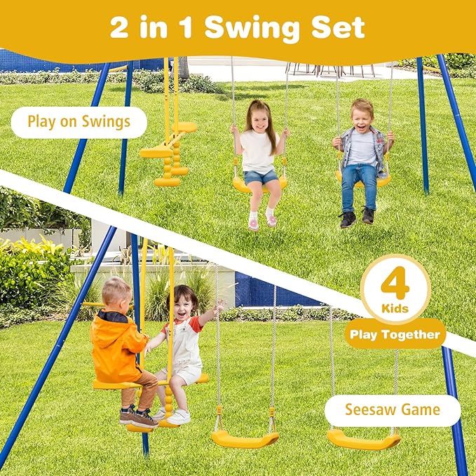 Costzon 440 lbs Swing Set for Backyard, 2-in-1 Heavy Duty Extra Large Metal Swing Frame w/2 Swings, Glider, Adjustable Hanging Ropes, Outdoor Playset Great Gift for Kids