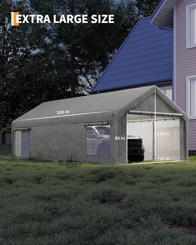 13X25 Ft Carport Canopy,Portable Garage with 4 Roll-Up Windows & Doors, Heavy-Duty 200g PE Tarp, Waterproof UV Resistant Anti-Snow Shelter for Car, Truck, Boat, Motorcycle