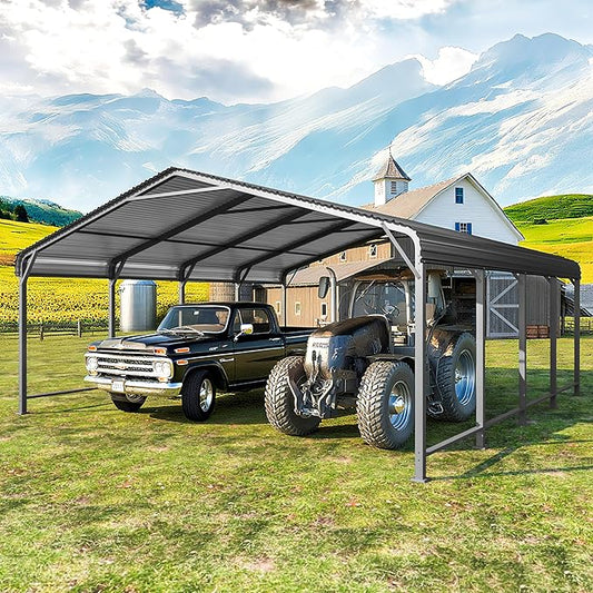Wisteria Lane 20'x20' Metal Carport with Updated Roof & Enhanced Base, Heavy Duty Canopy Carport Garage, Vertaile for Car, Truck, Boat, Tractors, Party, Dark Gray