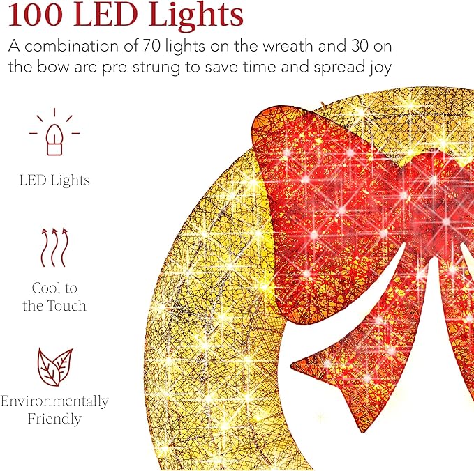 Best Choice Products 30in Pre-Lit Outdoor Christmas Wreath Decoration, LED Metal Holiday Decor for Home w/ 100 Lights, Bow - Gold/Red