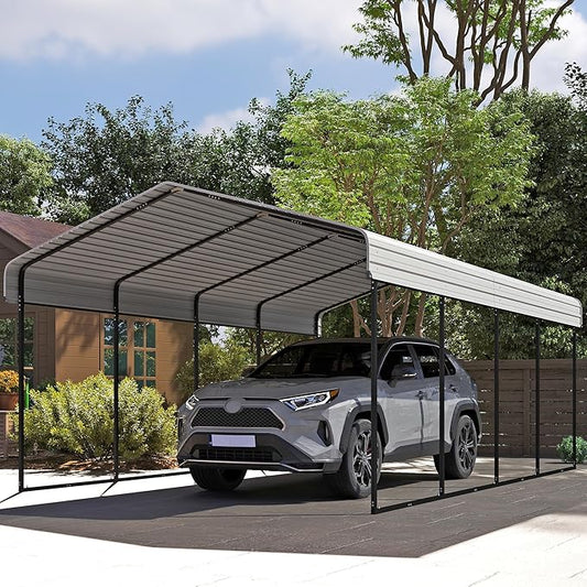 Real Relax 12x20ft Metal Carport, Heavy Duty Garage Outdoor Galvanized Car Shelter Canopy with Metal Frame for Car, Boats and Truck, Cream White