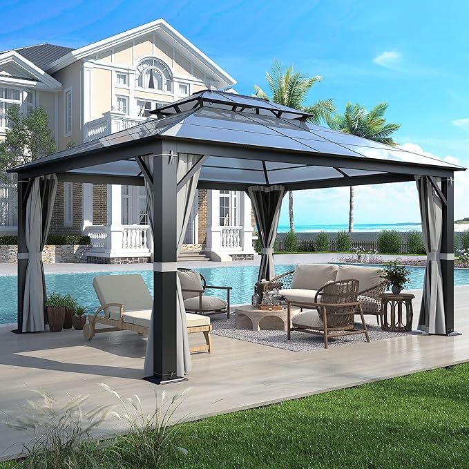 12'x14' Hardtop Gazebo, Outdoor Polycarbonate Double Roof Gazebos with Netting and Curtains, Heavy Duty Metal Pavilion for Patio, Backyard, Deck and Lawn