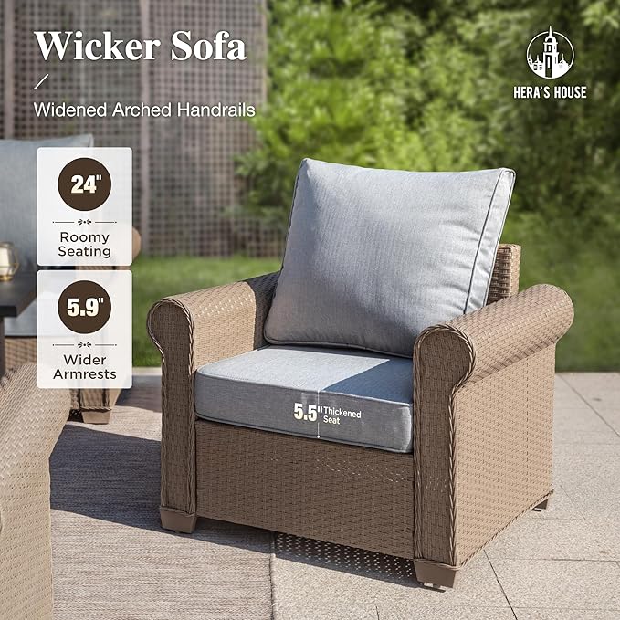 HERA'S HOUSE 8-Piece Patio Furniture Set, All Weather 9 Seats Outdoor Wicker Sofa with Ottomans, Rattan Patio Conversation Set with 5.5" Cushions and 57" Fire Pit Table, Grey