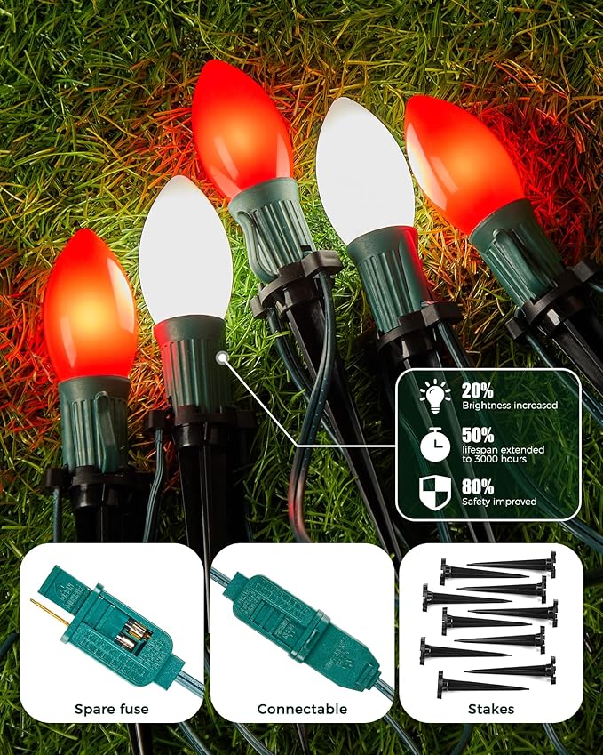 Frosted C9 Christmas Lights Outdoor, 25.7 Ft Christmas Pathway Lights with 20 LED Bulbs and Stakes, Connectable Christmas Yard Decorations Walkway Sidewalk Holiday, Red and White