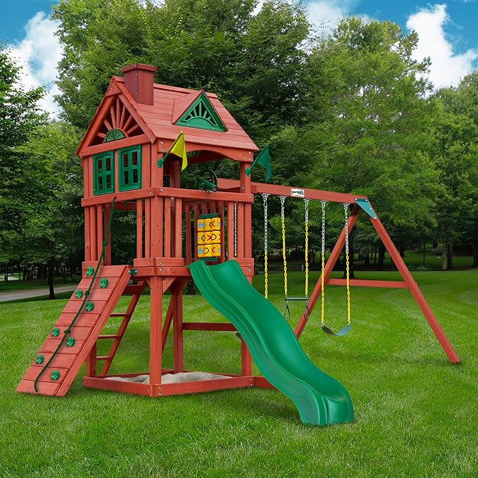 Gorilla Playsets Spring Creek Wooden Swing Set with Wood Roof, Slide, Swings, and Climbing Wall
