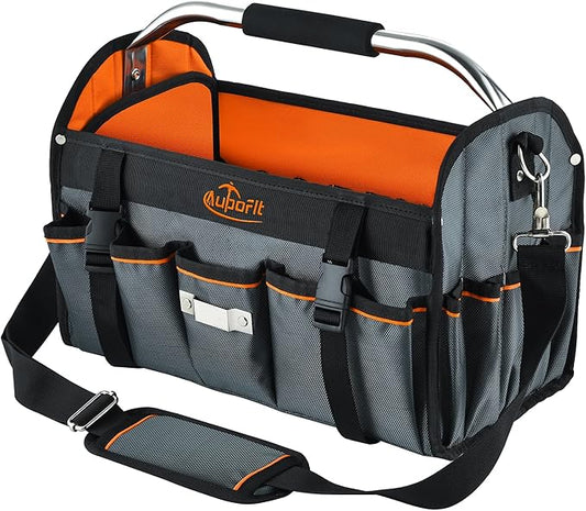 16 Inch Open Top Tool Bag, Thick 1680D Fabric, Foldable 29 Pockets Tool Tote Bags with Stainless Steel Handle & Padded Shoulder Strap, Easy Carry and Easy Tool Access
