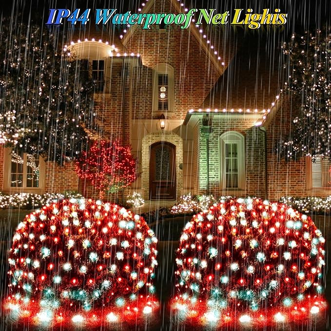 Red White Net Lights Christmas Decorations, 21ft x 5ft 360LED Mesh Lights Outdoor Green Wire 8 Modes Timer, Waterproof Connectable String Lights for Bushes Xmas Tree Garden Holiday Party