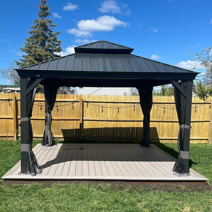 PURPLE LEAF 13' X 13' Gazebo with Galvanized Steel Hardtop Roof Patio Gazebo for Outdoor Lawn and Garden Permanent Pavilion Grey