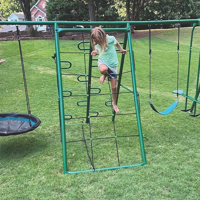 Swing, Climb and Glide Play Center. Backyard Playground Set. Easy Assembly, 7 User / 5 Station Metal Outdoor Play Set for Kids with Two Climbing Stations. 176 L x 69 Deep x 73 H, by XDP Recreation