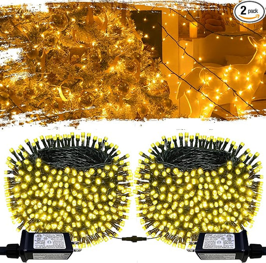 String Lights Outdoor & Indoor, 2Pack 600 LED Christmas Lights, 210ft Plug-in Waterproof Twinkle Light with 8 Modes for Xmas Tree Halloween Wedding Party Garden Patio Decorations(Warm White)