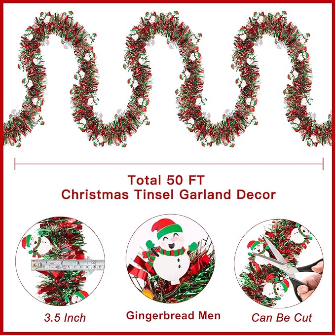 50FT Red Green Christmas Tinsel Garland with Snowman Ornaments, Metallic Xmas Christmas Tree Garland Decorations Indoor Outdoor for Home Fireplace Mantle Stair Office Classroom Party Holiday Decor