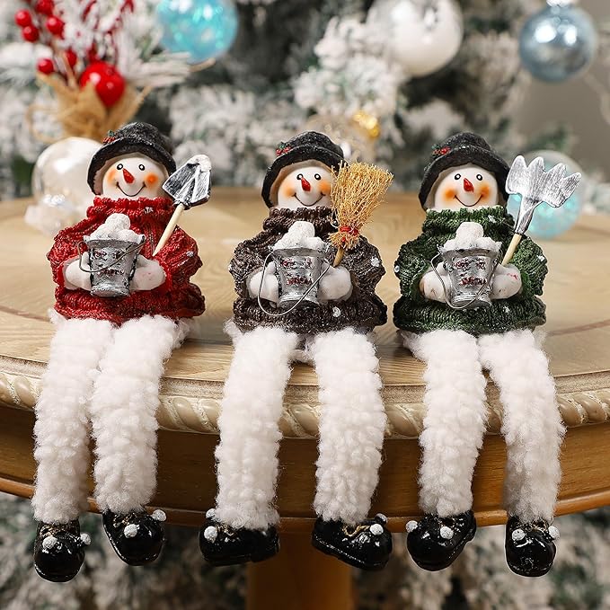 Lulu Home Christmas Snowman Decorations - 3 Pack Resin Snowman Shelf Sitters with Plush Dangling Legs for Winter Xmas Tabletop Mantel Fireplace Home Holiday Decor