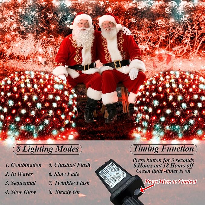 Red White Net Lights Christmas Decorations, 21ft x 5ft 360LED Mesh Lights Outdoor Green Wire 8 Modes Timer, Waterproof Connectable String Lights for Bushes Xmas Tree Garden Holiday Party