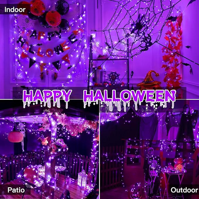 66FT 200 LED Halloween Lights, Purple Halloween Lights Outdoor with 8 Lighting Modes, Waterproof String Lights for Halloween Christmas Outdoor Party Yard Garden Decoration