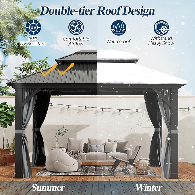 COVERONICS 10' x 12' Outdoor Hardtop Gazebo - Aluminum Heavy-Duty Double Roof Vented Gazebo with Breathable Netting & Privacy Curtains for Patio, Porch, Garden, Lawn