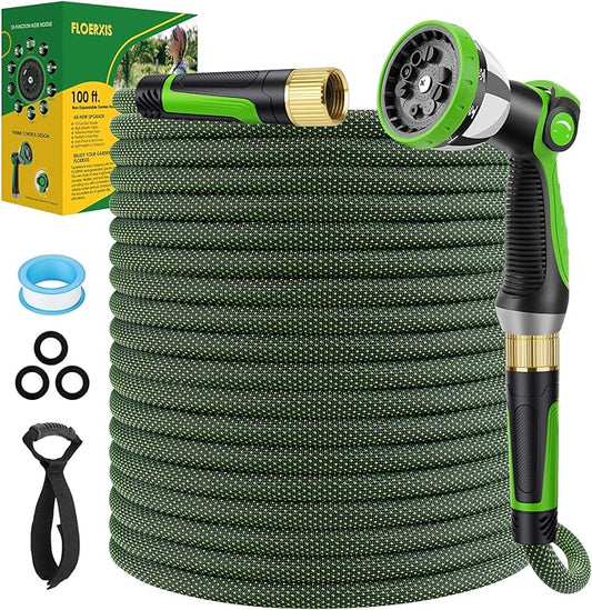 Non-Expandable Garden Hose 100 FT, Lightweight Hose with 10 Function Spray Nozzle, Kink-Free Flexible Water Hose, Durable, Leak-Proof, 360¡Æ Swivel Connectors, Portable Storage Strap