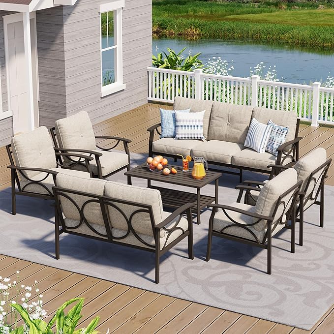 7-Pieces Outdoor Patio Furniture Set, Outdoor Metal Sectional Furniture with Cushions, Outdoor Conversation Seating Set with Coffee Table for Garden, Balcony, Deck, Backyard, Khaki