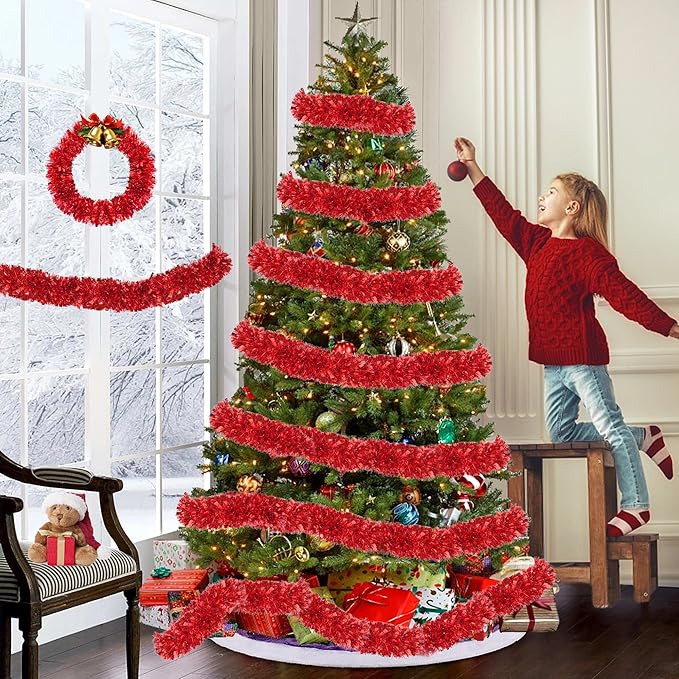 50FT Red Christmas Tinsel Garland Metallic Twist Xmas Garland for Christmas Tree Decorations Holiday Hanging Garlands for Mantel Staircase Indoor Outdoor Home Office Classroom Party Holiday Decor