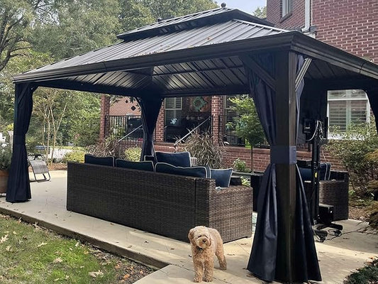 PURPLE LEAF Hardtop Gazebo 12' X 16' Metal Roof with Netting and Curtains Hard Top Backyard Patio Gazebos Permanent Canopy Deck Garden Hot Tub Outdoor Pavilion