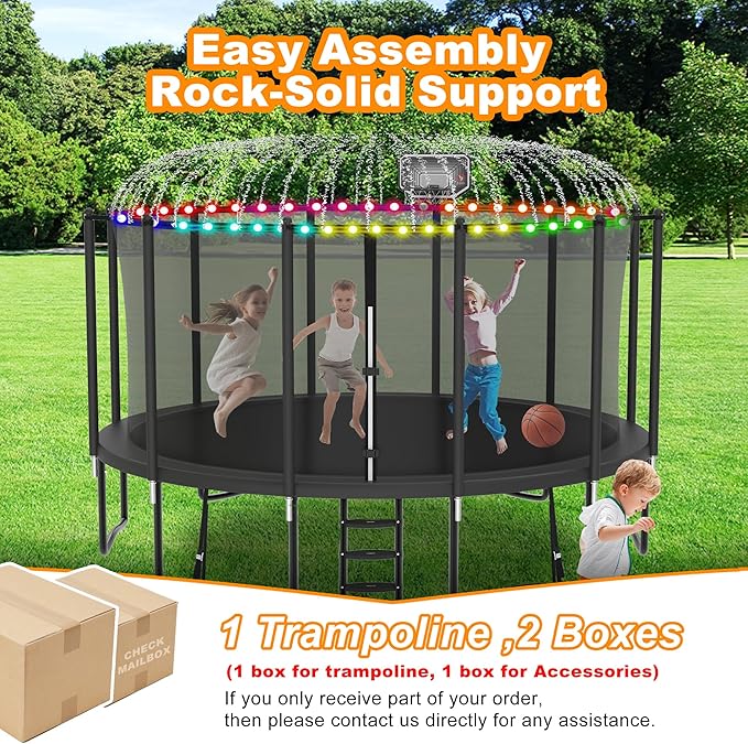 DeepRoar 2026 Upgraded 8FT 10FT 12FT 14FT 15FT 16FT Outdoor Tranpoline for Kids, Big tranpoline with Basketball Hoop, Lights, Sprinkler & Socks, Heavy Duty tranpoline 1500LB, ASTM Approved Tranpoing