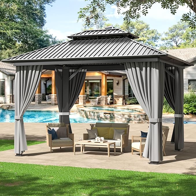 WKM 10x12 FT Hardtop Gazebo with Heavy Duty Galvanized Steel Double Roof, Aluminum Frame Permanent Pavilion with Curtains and Netting, Outside Canopy Gazebo for Patio, Deck and Backyard, Grey