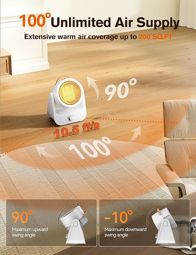Electric Space Heaters For Indoor Use, 100¡Æunlimited Oscillating, 2S Instant Heating, 1500WPTC Ceramic Electric Patio Heaters For HomeOffice, Tip-Over & Overheat Protection, 2 Heating Modes, SnowWhite