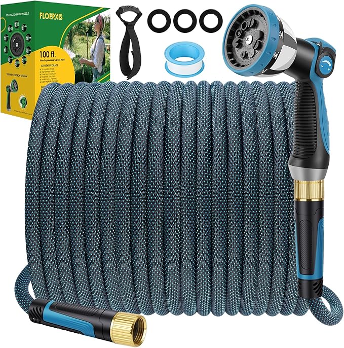 Non-Expandable Garden Hose 100 FT, Lightweight Hose with 10 Function Spray Nozzle, Kink-Free Flexible Water Hose, Durable, Leak-Proof, 360¡Æ Swivel Connectors, Portable Storage Strap