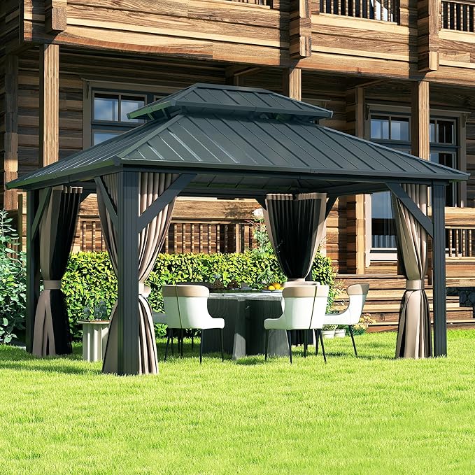 10 X 12ft Hardtop Gazebo, Galvanized Steel Double Roof Gazebo with Nettings and Curtains, Outdoor Aluminum FrameVertical Stripes Roof Permanent Pavilion for Patio, Backyard, Lawns