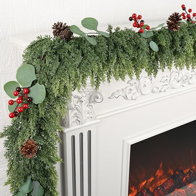 6ft Christmas Garland Realistic Soft and Thickness Green Faux Cedar Pine Garland Artificial Cedar Cypress Garland with Red Berries for Home Fireplace Wall Indoor Outdoor Holiday Party Decoration